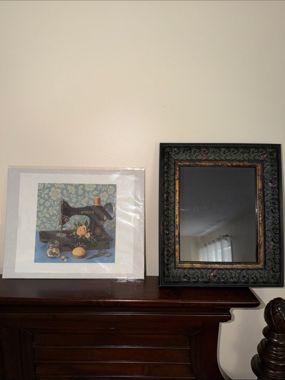 ZINGER fabric print 8 inch and vintage black gold tone frame holds 7.5 x 9.5 in